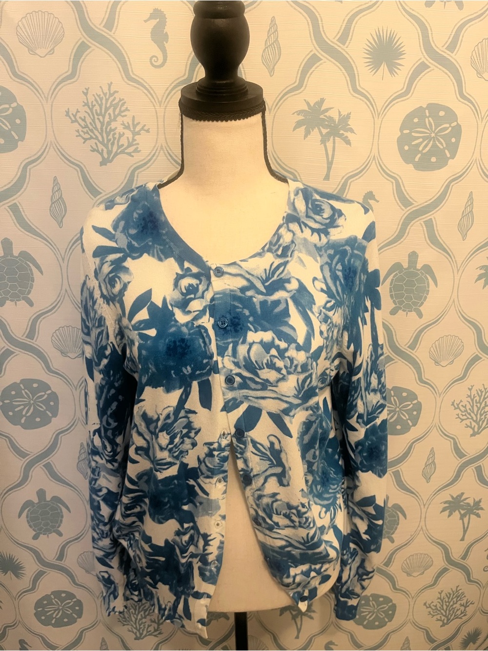 COVINGTON Blue & White Watercolor Floral Knit Cardigan Sweater Size L